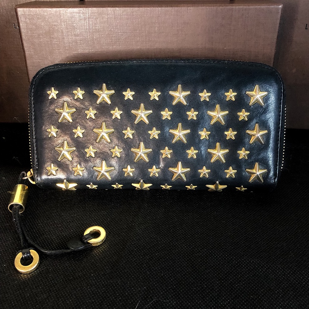 JIMMY CHOO Navy Blue Lambskin and Gold Stars Continental Zip Wallet
